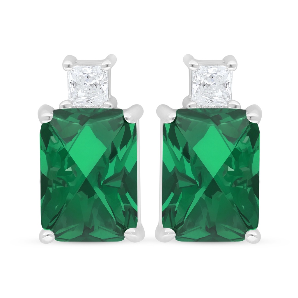 Sterling Silver 925 Earring Rhodium Plated Embedded With Emerald Zircon And White Zircon