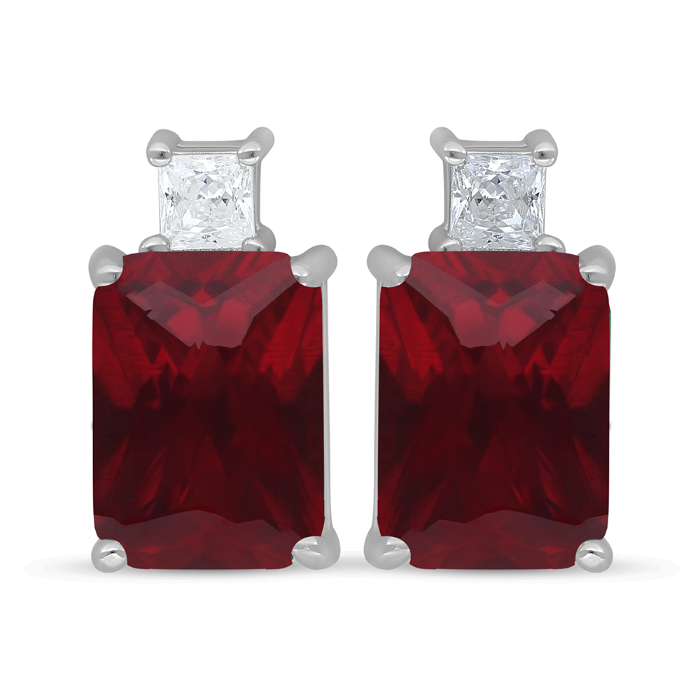 Sterling Silver 925 Earring Rhodium Plated Embedded With Ruby Corundum And White Zircon