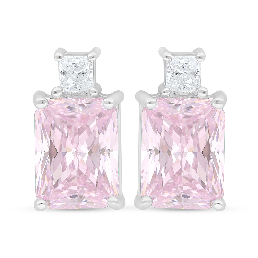 Sterling Silver 925 Earring Rhodium Plated Embedded With Pink Zircon And White Zircon