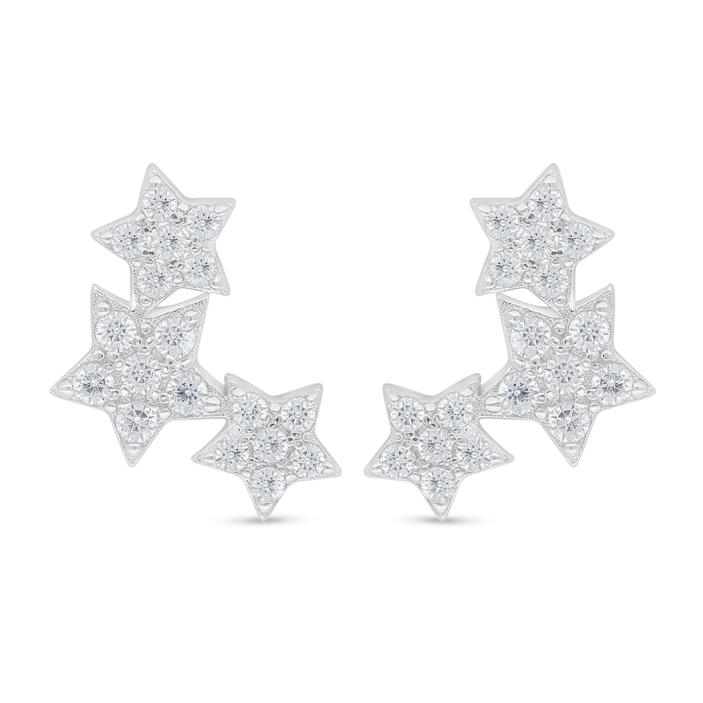 Sterling Silver 925 Earring Rhodium Plated Embedded With White Zircon