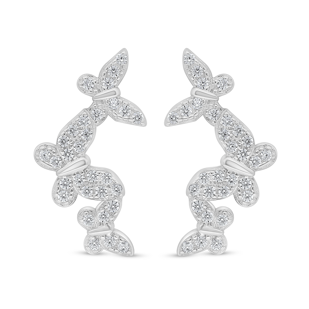 Sterling Silver 925 Earring Rhodium Plated Embedded With White Zircon