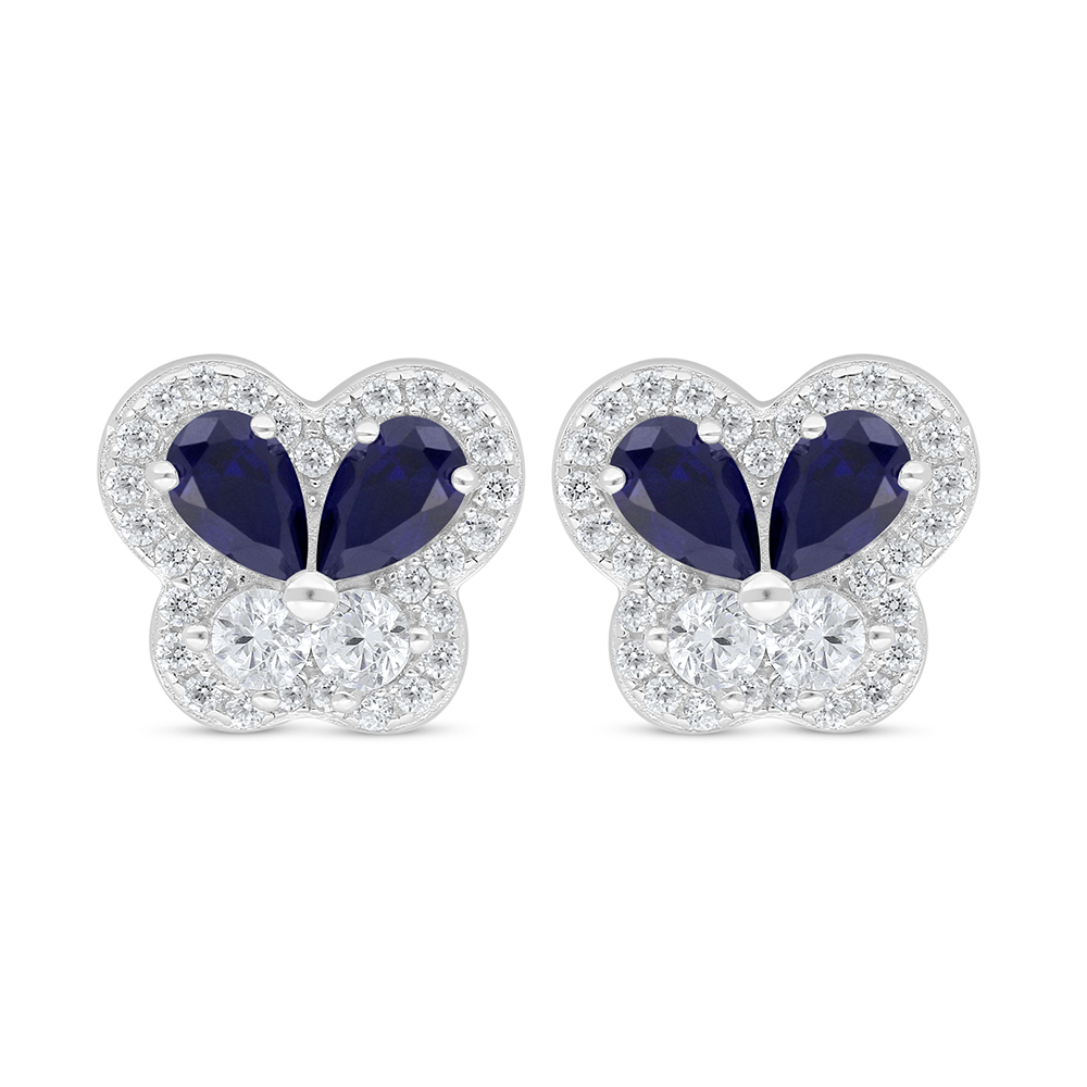 Sterling Silver 925 Earring Rhodium Plated Embedded With Sapphire Corundum And White Zircon