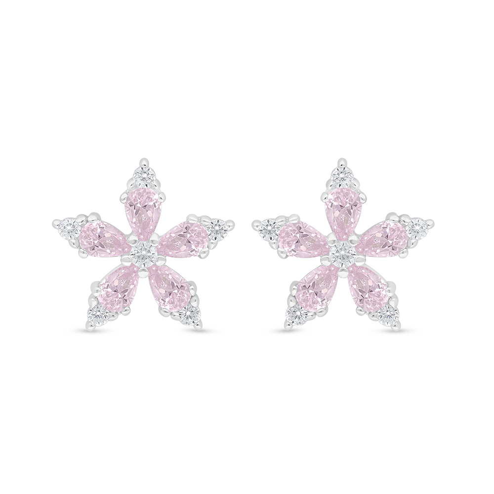 Sterling Silver 925 Earring Rhodium Plated Embedded With Pink Zircon And White Zircon