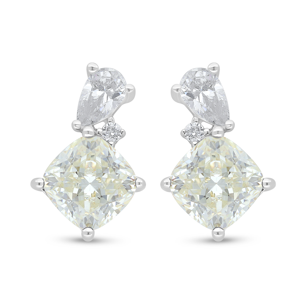 Sterling Silver 925 Earring Rhodium Plated Embedded With Yellow Diamond And White Zircon