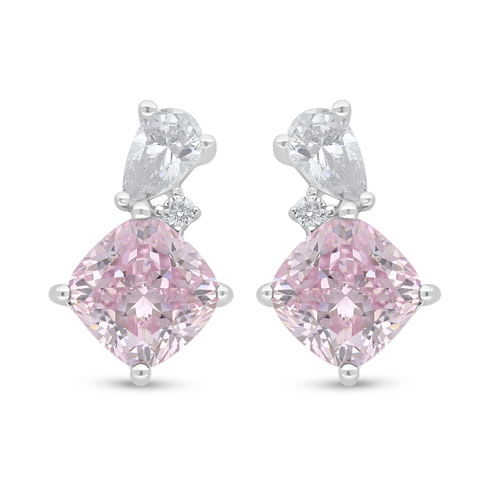 Sterling Silver 925 Earring Rhodium Plated Embedded With Pink Zircon And White Zircon