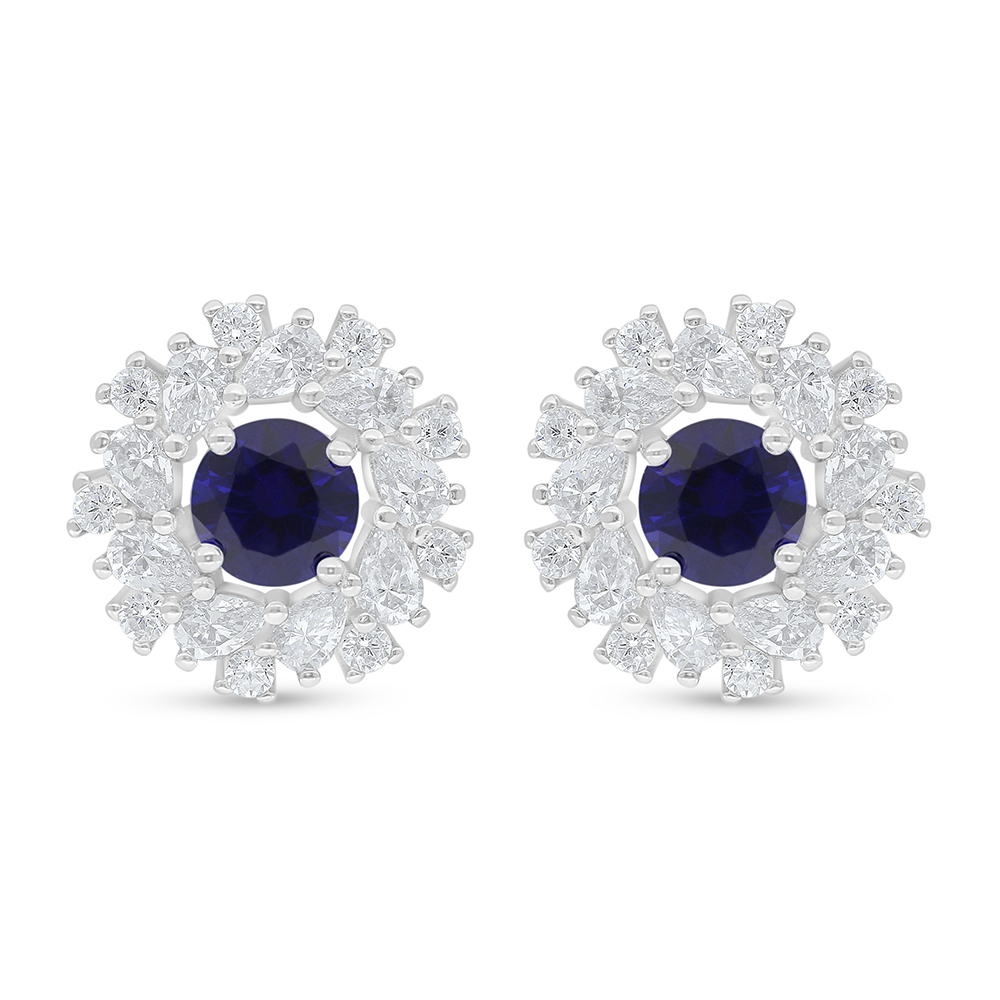 Sterling Silver 925 Earring Rhodium Plated Embedded With Sapphire Corundum And White Zircon