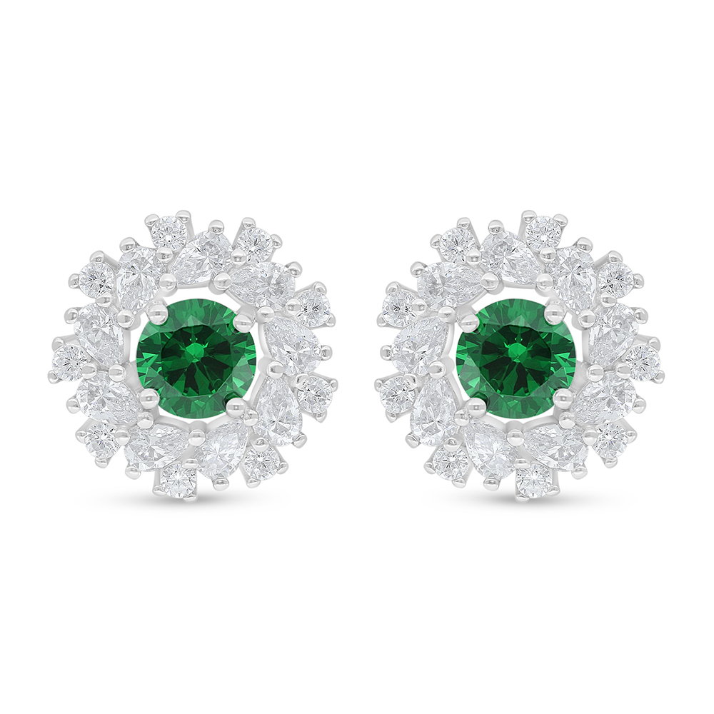 Sterling Silver 925 Earring Rhodium Plated Embedded With Emerald Zircon And White Zircon