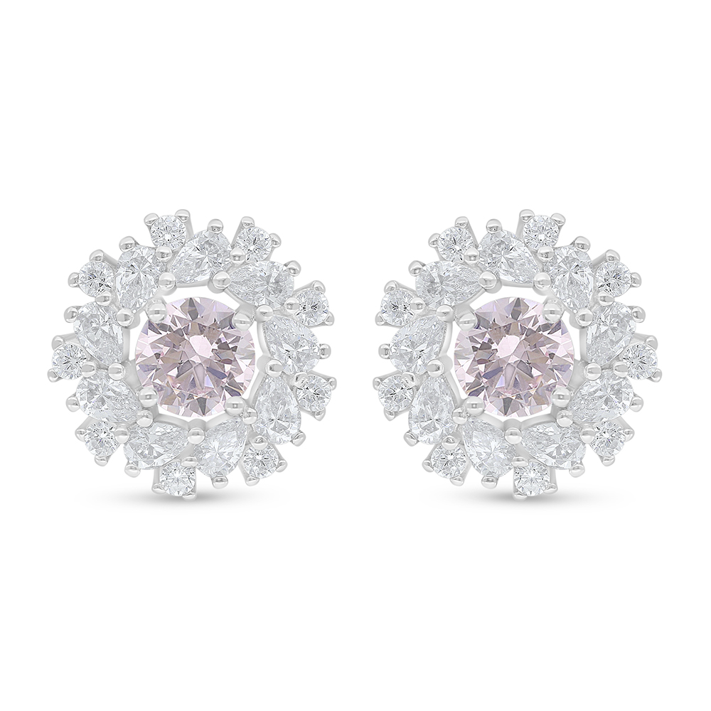 Sterling Silver 925 Earring Rhodium Plated Embedded With Pink Zircon And White Zircon