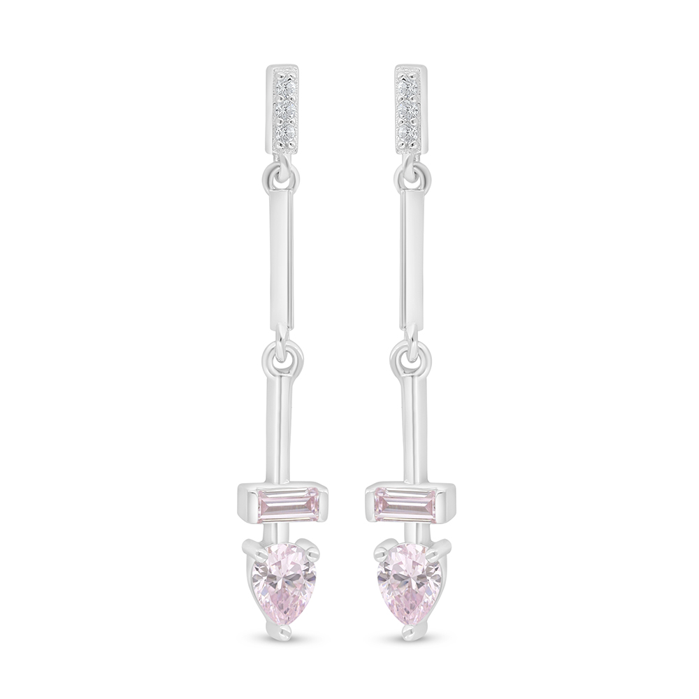 Sterling Silver 925 Earring Rhodium Plated Embedded With Pink Zircon And White Zircon