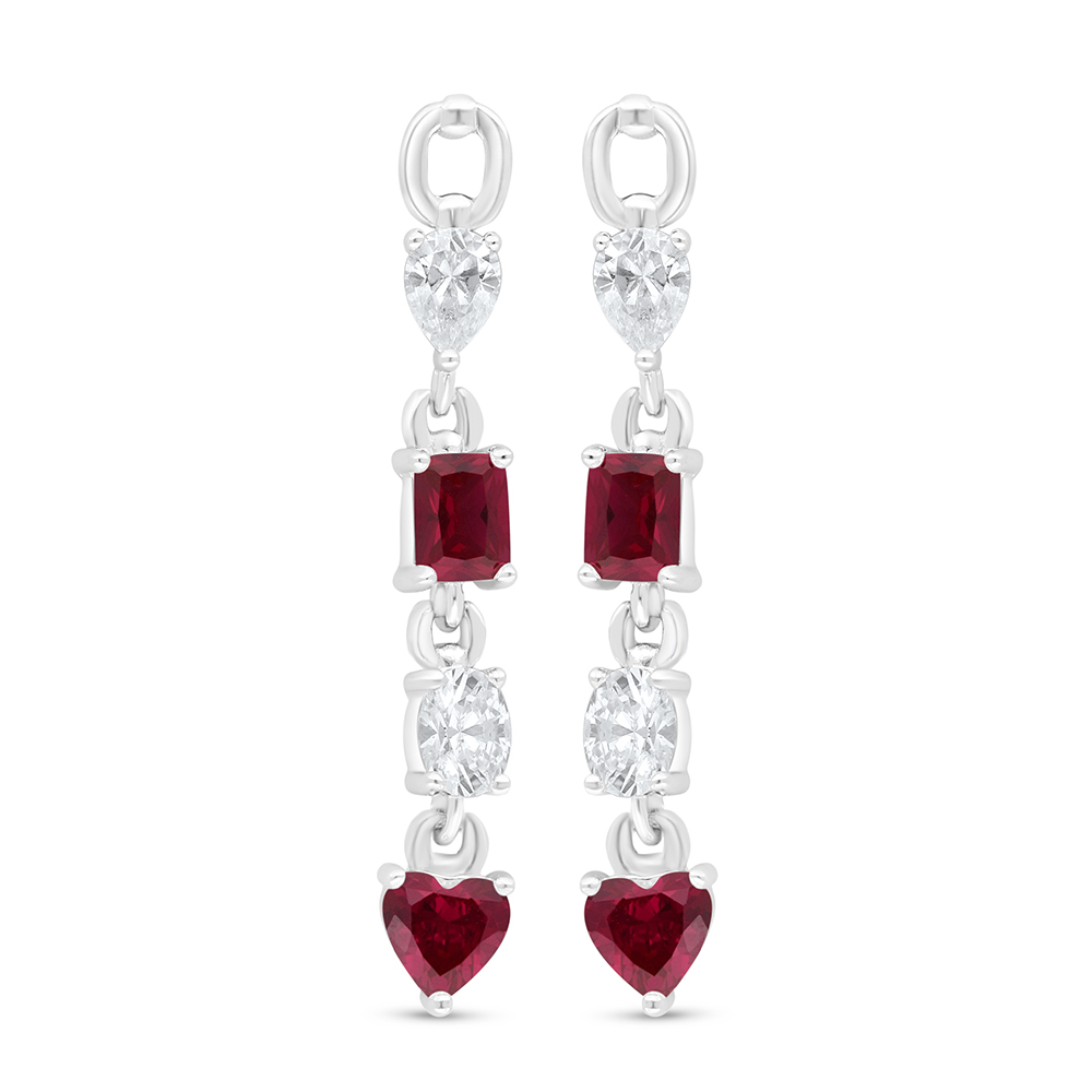 Sterling Silver 925 Earring Rhodium Plated Embedded With Ruby Corundum And White Zircon