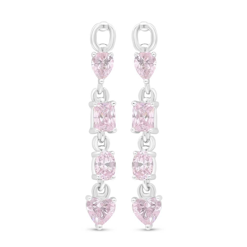 Sterling Silver 925 Earring Rhodium Plated Embedded With Pink Zircon And White Zircon