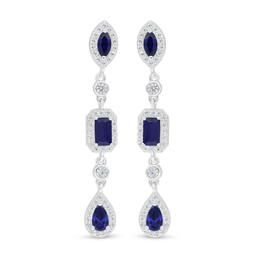 Sterling Silver 925 Earring Rhodium Plated Embedded With Sapphire Corundum And White Zircon