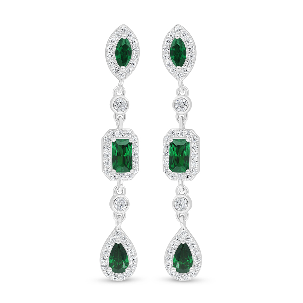 Sterling Silver 925 Earring Rhodium Plated Embedded With Emerald Zircon And White Zircon