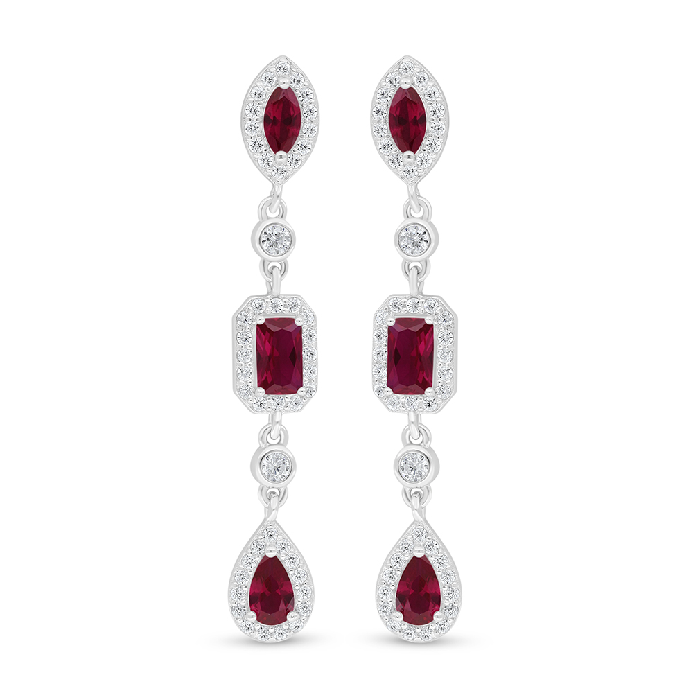 Sterling Silver 925 Earring Rhodium Plated Embedded With Ruby Corundum And White Zircon