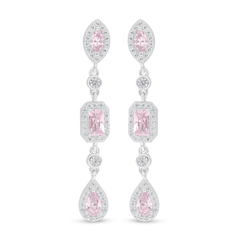 Sterling Silver 925 Earring Rhodium Plated Embedded With Pink Zircon And White Zircon