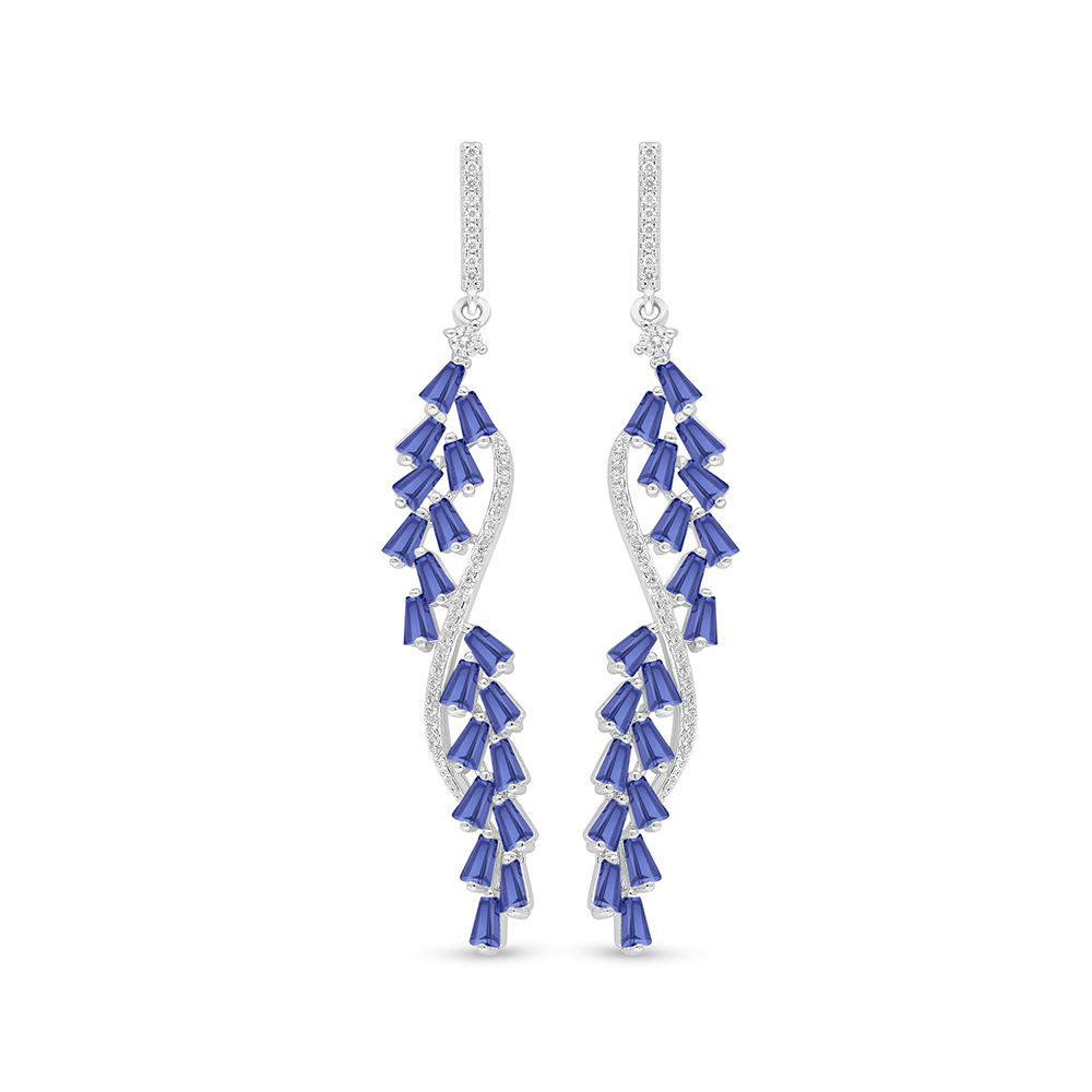 Sterling Silver 925 Earring Rhodium Plated Embedded With Sapphire Corundum And White Zircon