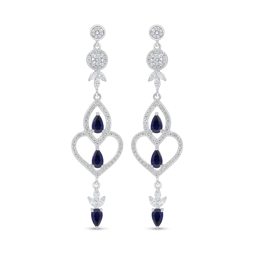 Sterling Silver 925 Earring Rhodium Plated Embedded With Sapphire Corundum And White Zircon