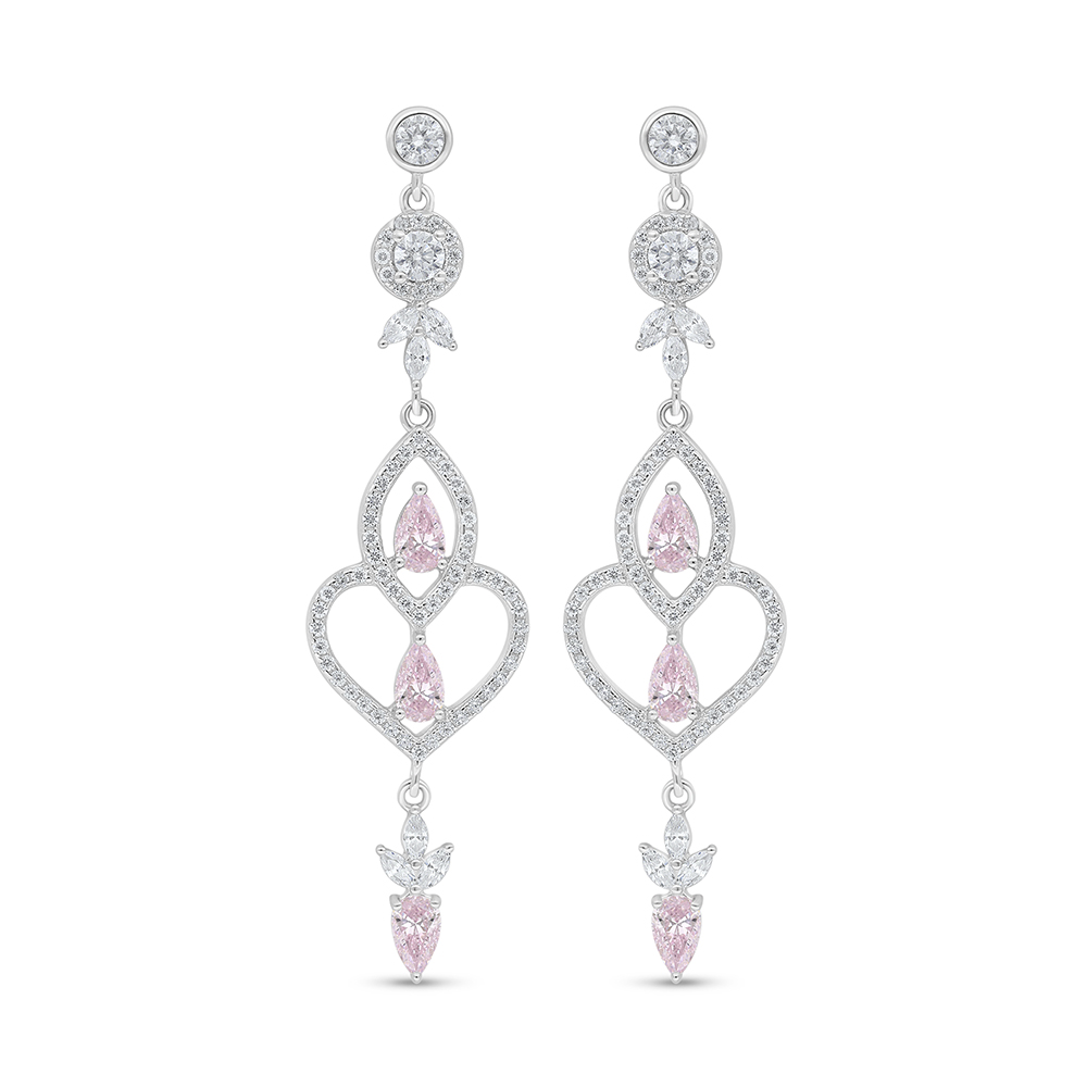 Sterling Silver 925 Earring Rhodium Plated Embedded With Pink Zircon And White Zircon