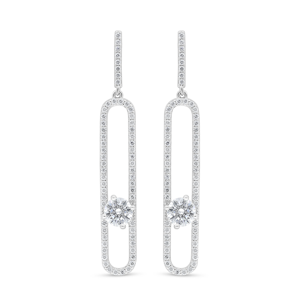 Sterling Silver 925 Earring Rhodium Plated Embedded With White Zircon