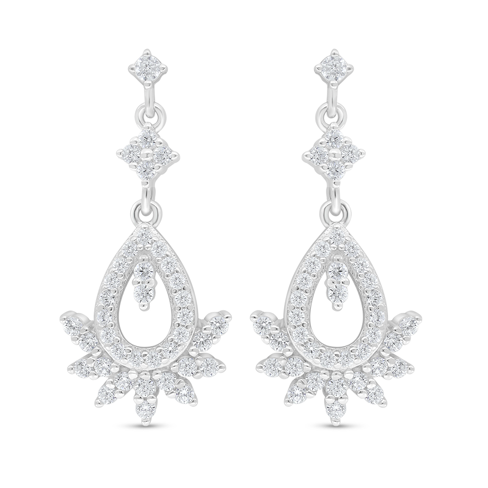 Sterling Silver 925 Earring Rhodium Plated Embedded With White Zircon