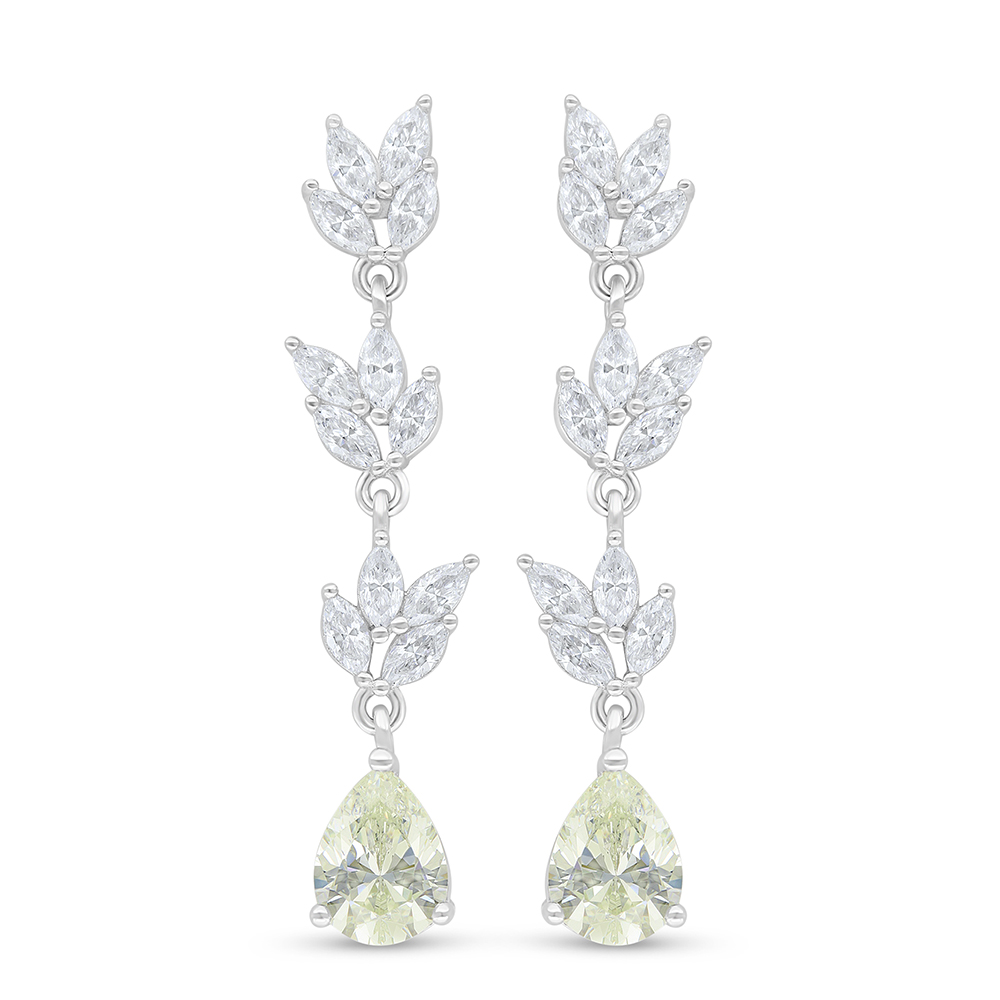 Sterling Silver 925 Earring Rhodium Plated Embedded With Yellow Diamond And White Zircon