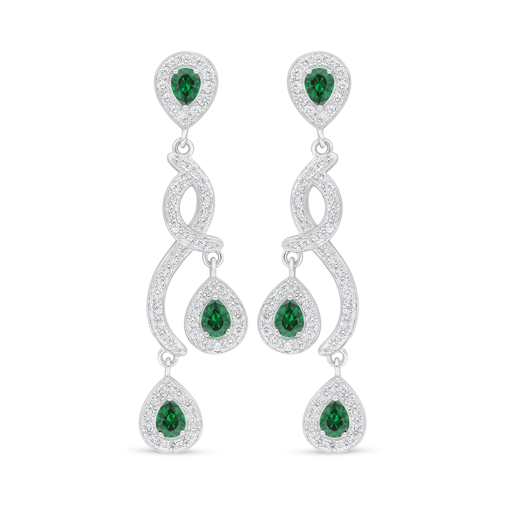 Sterling Silver 925 Earring Rhodium Plated Embedded With Emerald Zircon And White Zircon