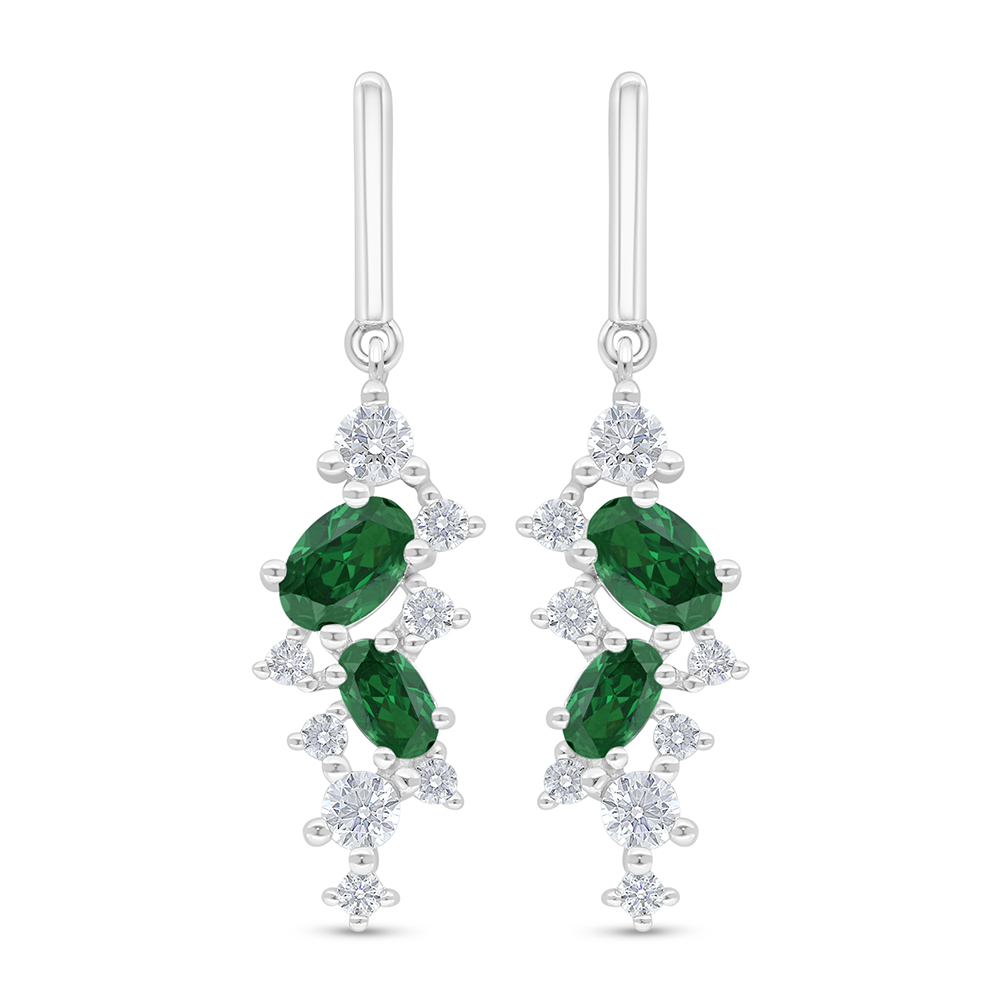 Sterling Silver 925 Earring Rhodium Plated Embedded With Emerald Zircon And White Zircon