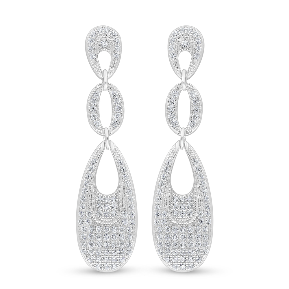 Sterling Silver 925 Earring Rhodium Plated Embedded With White Zircon