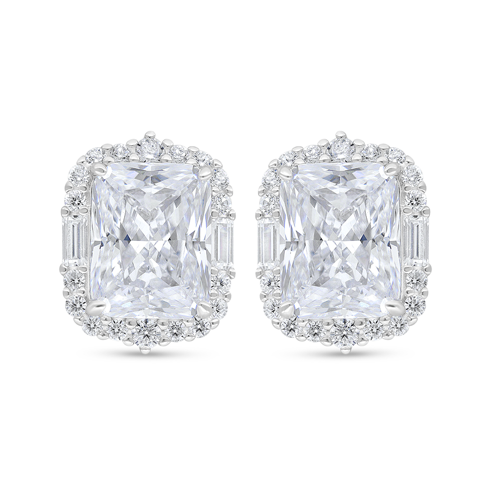 Sterling Silver 925 Earring Rhodium Plated Embedded With White Zircon