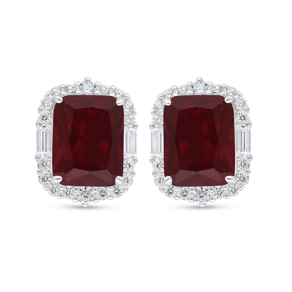 Sterling Silver 925 Earring Rhodium Plated Embedded With Ruby Corundum And White Zircon