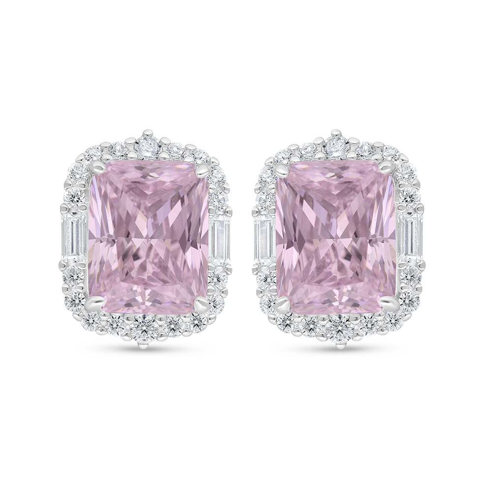 Sterling Silver 925 Earring Rhodium Plated Embedded With Pink Zircon And White Zircon