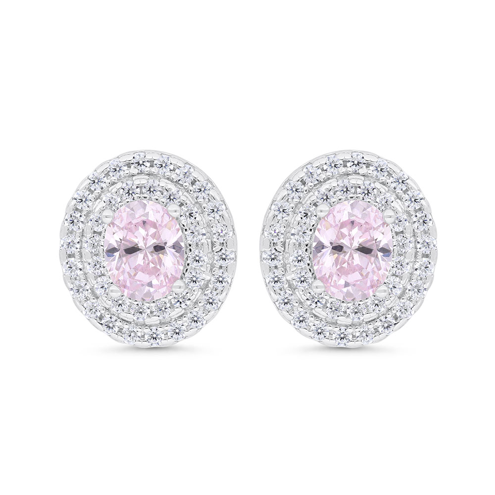 Sterling Silver 925 Earring Rhodium Plated Embedded With Pink Zircon And White Zircon