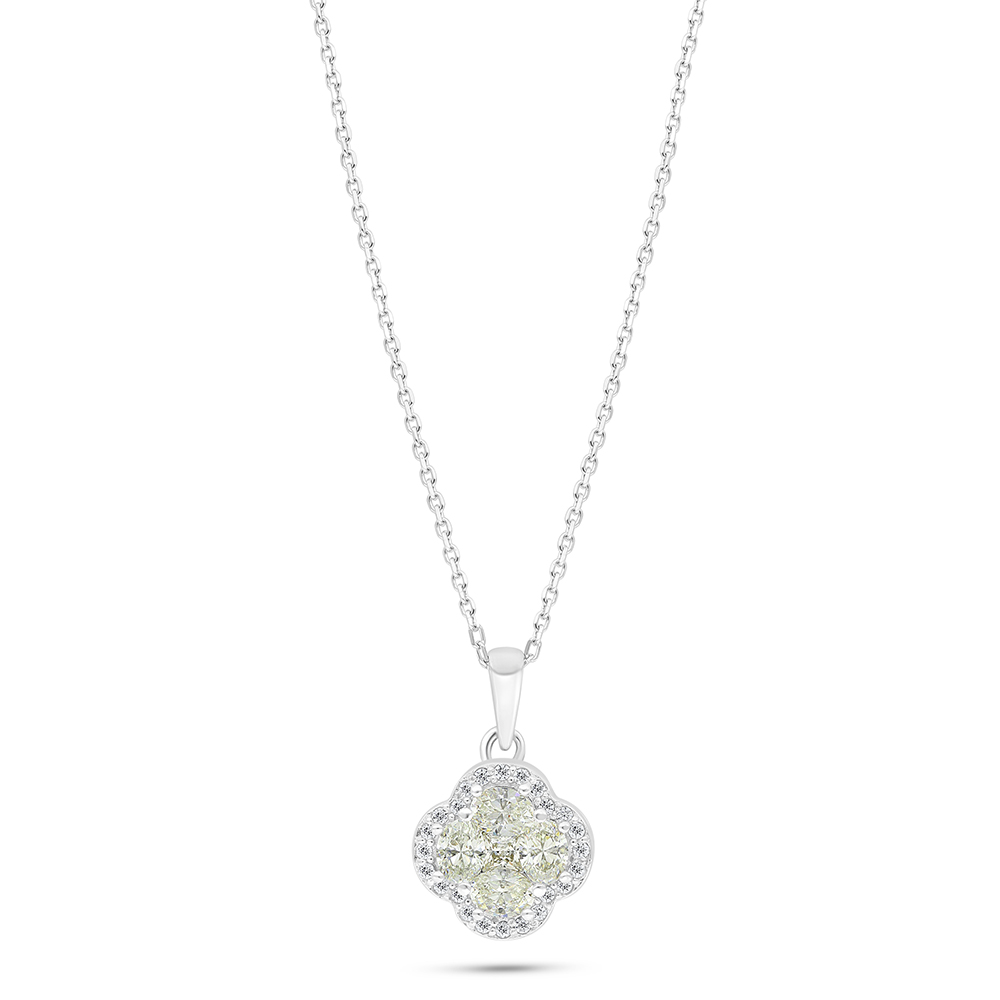 Sterling Silver 925 Necklace Rhodium Plated Embedded With Yellow Diamond And White Zircon