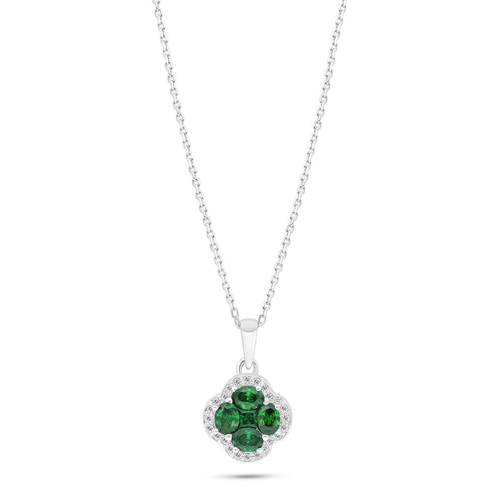 Sterling Silver 925 Necklace Rhodium Plated Embedded With Emerald Zircon And White Zircon