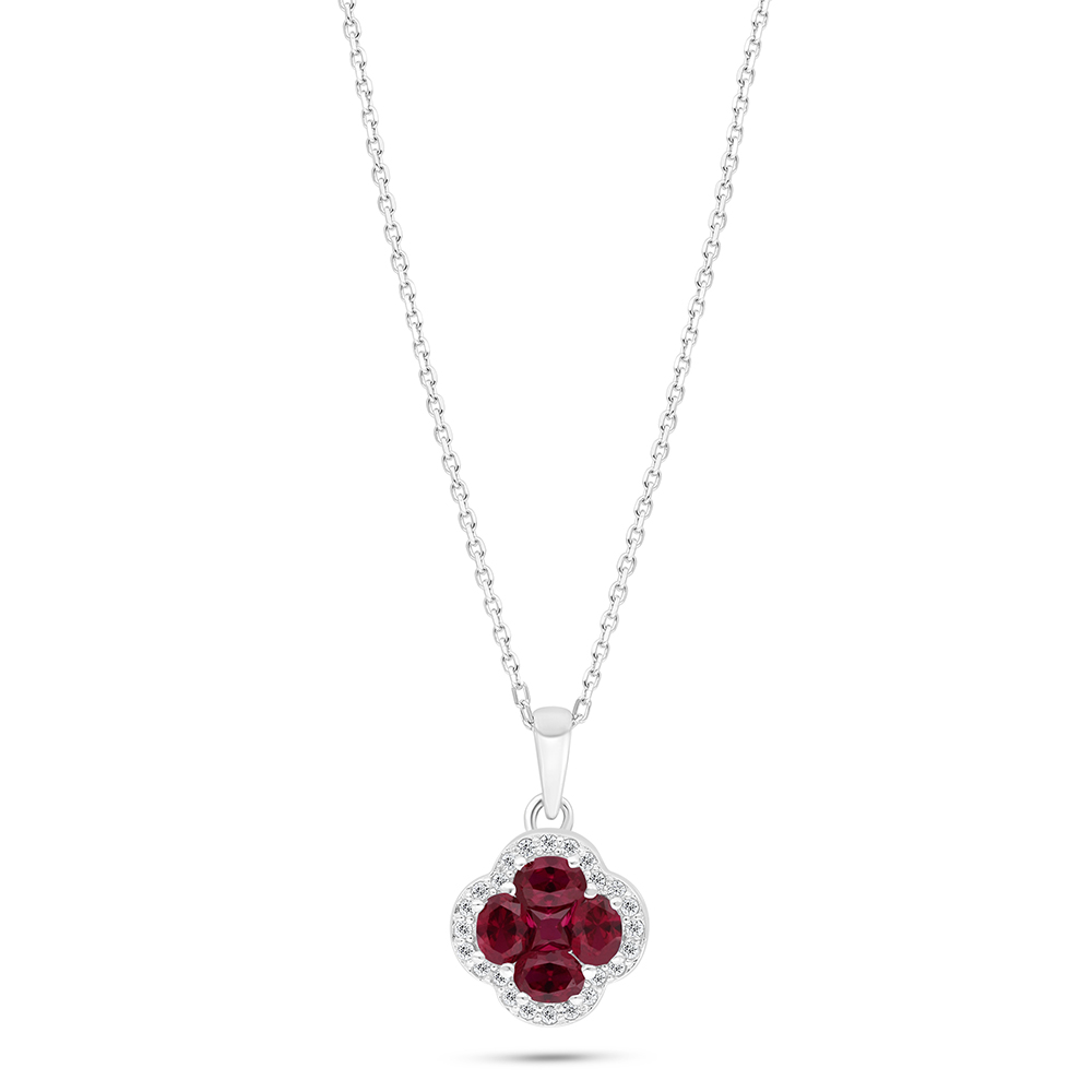 Sterling Silver 925 Necklace Rhodium Plated Embedded With Ruby Corundum And White Zircon