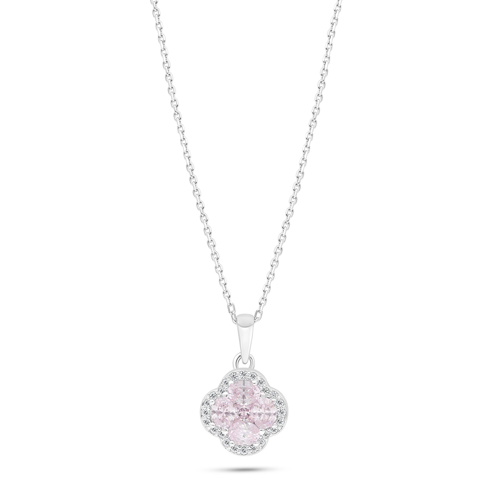Sterling Silver 925 Necklace Rhodium Plated Embedded With Pink Zircon And White Zircon