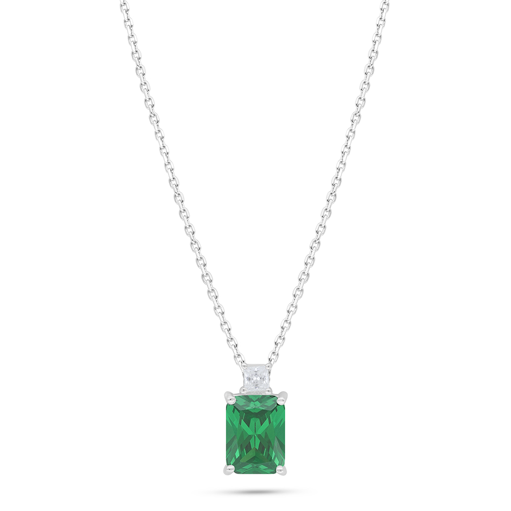Sterling Silver 925 Necklace Rhodium Plated Embedded With Emerald Zircon And White Zircon