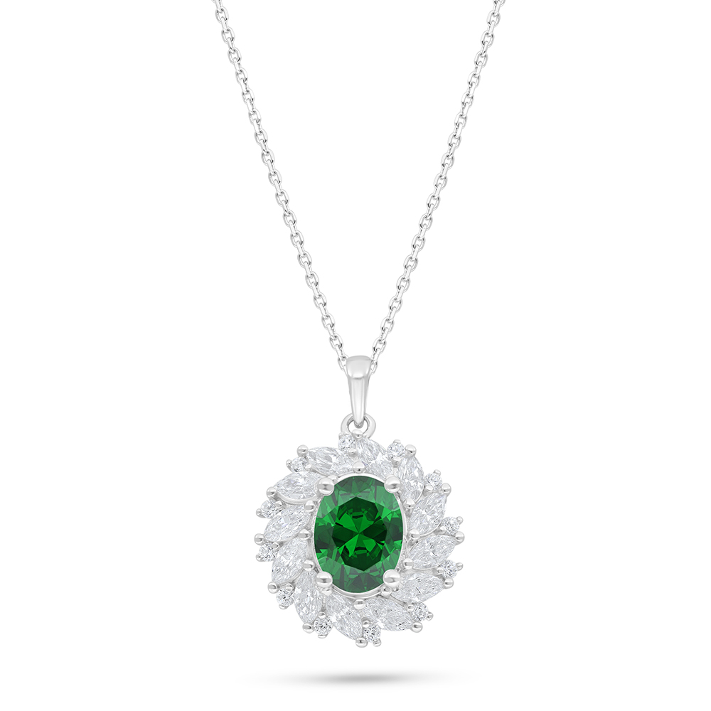 Sterling Silver 925 Necklace Rhodium Plated Embedded With Emerald Zircon And White Zircon