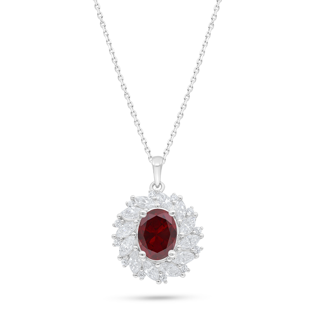 Sterling Silver 925 Necklace Rhodium Plated Embedded With Ruby Corundum And White Zircon