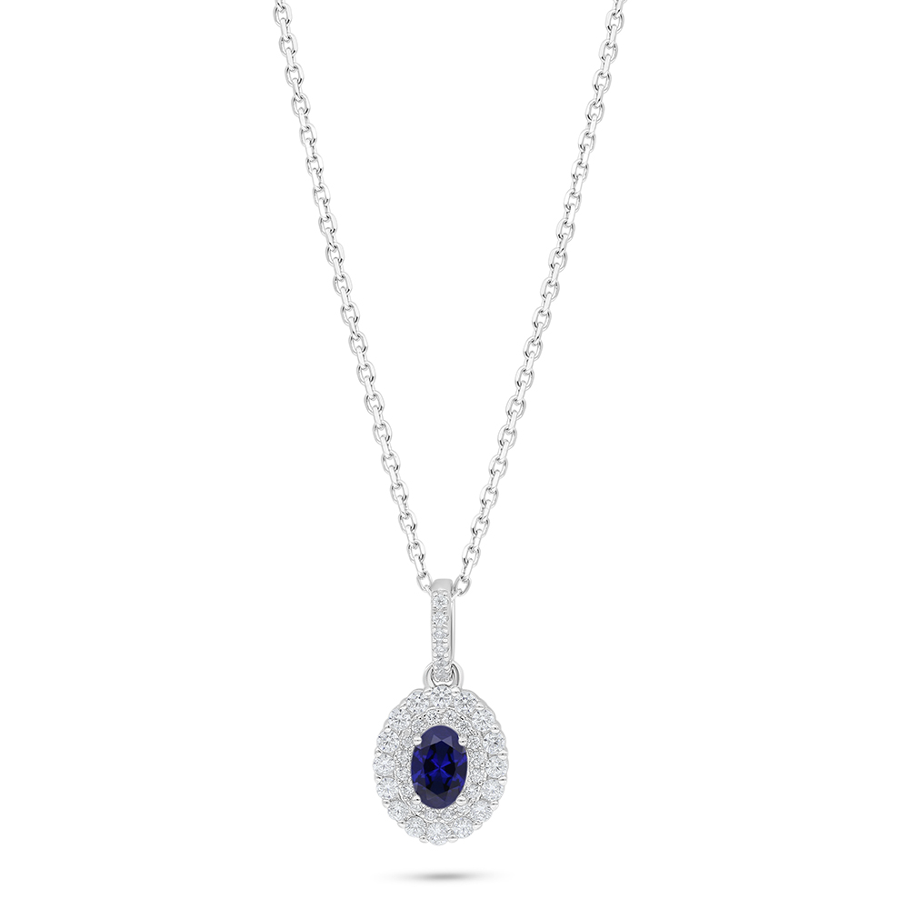 Sterling Silver 925 Necklace Rhodium Plated Embedded With Sapphire Corundum And White Zircon