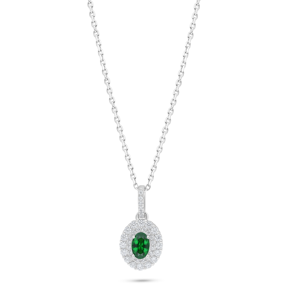 Sterling Silver 925 Necklace Rhodium Plated Embedded With Emerald Zircon And White Zircon