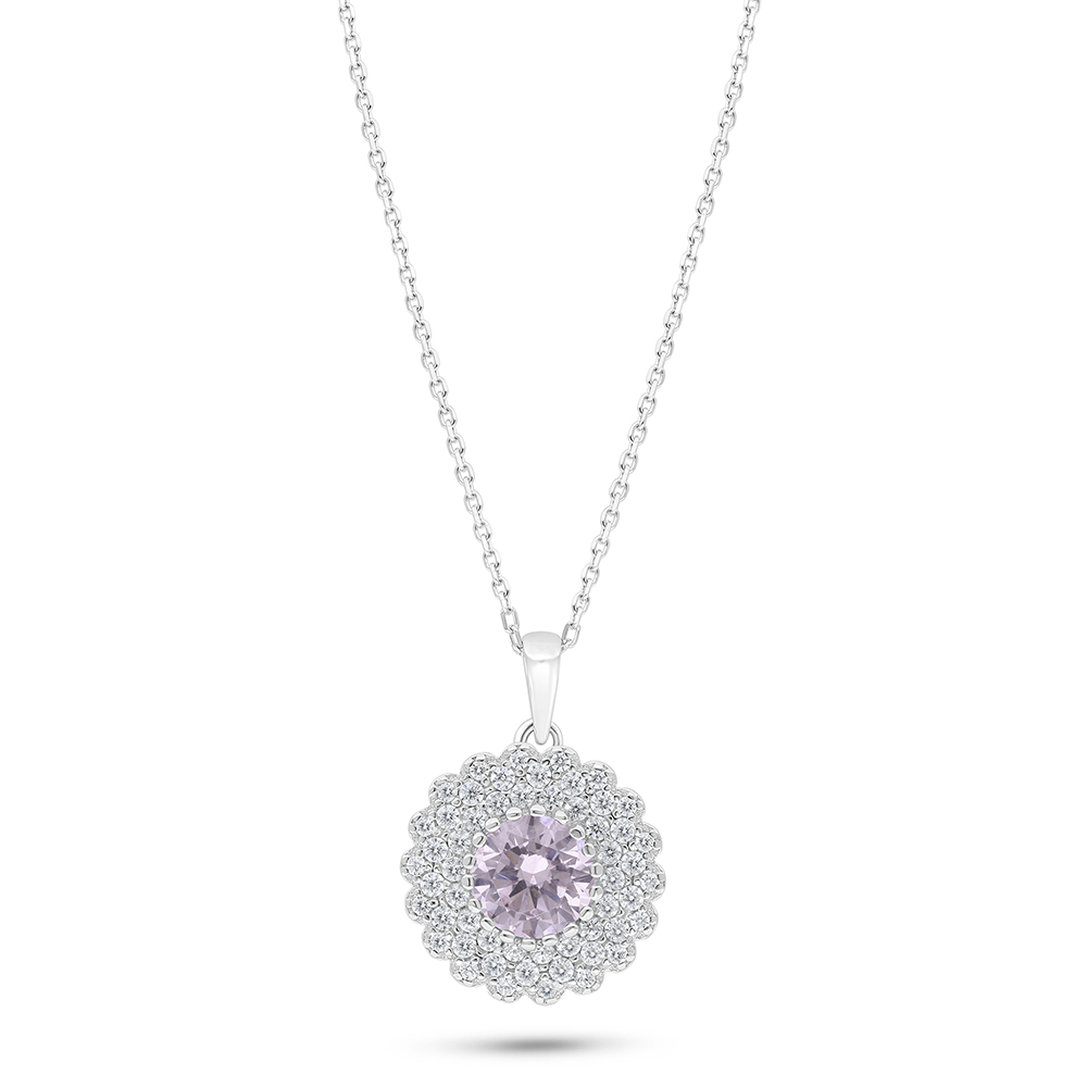 Sterling Silver 925 Necklace Rhodium Plated Embedded With Pink Zircon And White Zircon