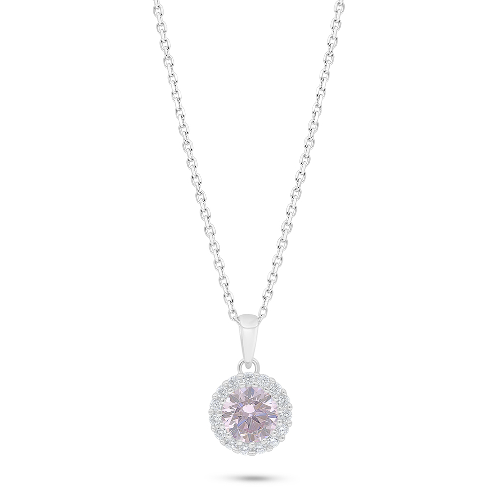 Sterling Silver 925 Necklace Rhodium Plated Embedded With Pink Zircon And White Zircon