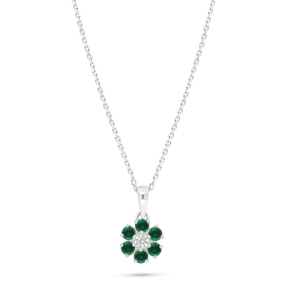 Sterling Silver 925 Necklace Rhodium Plated Embedded With Emerald Zircon 
