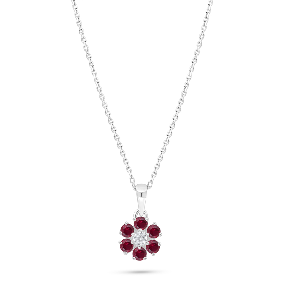 Sterling Silver 925 Necklace Rhodium Plated Embedded With Ruby Corundum 