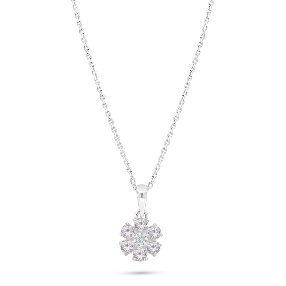 Sterling Silver 925 Necklace Rhodium Plated Embedded With Pink Zircon 