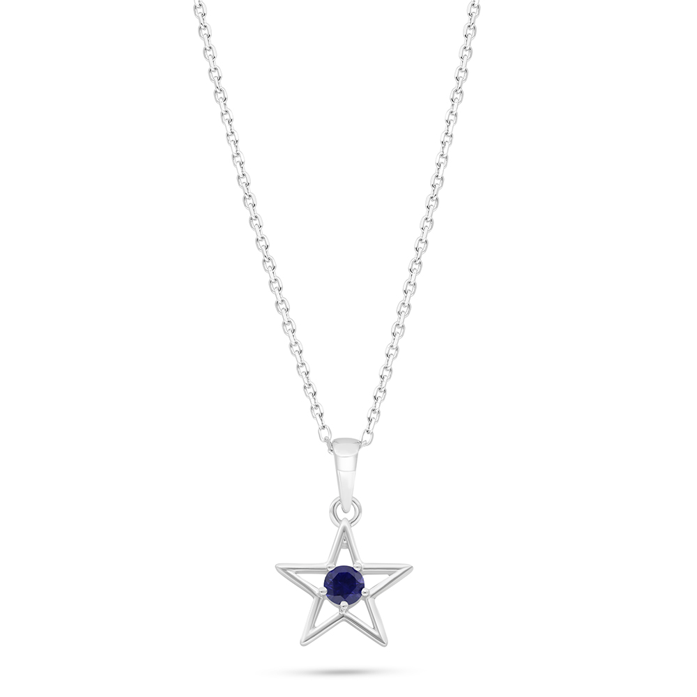 Sterling Silver 925 Necklace Rhodium Plated Embedded With Sapphire Corundum And White Zircon