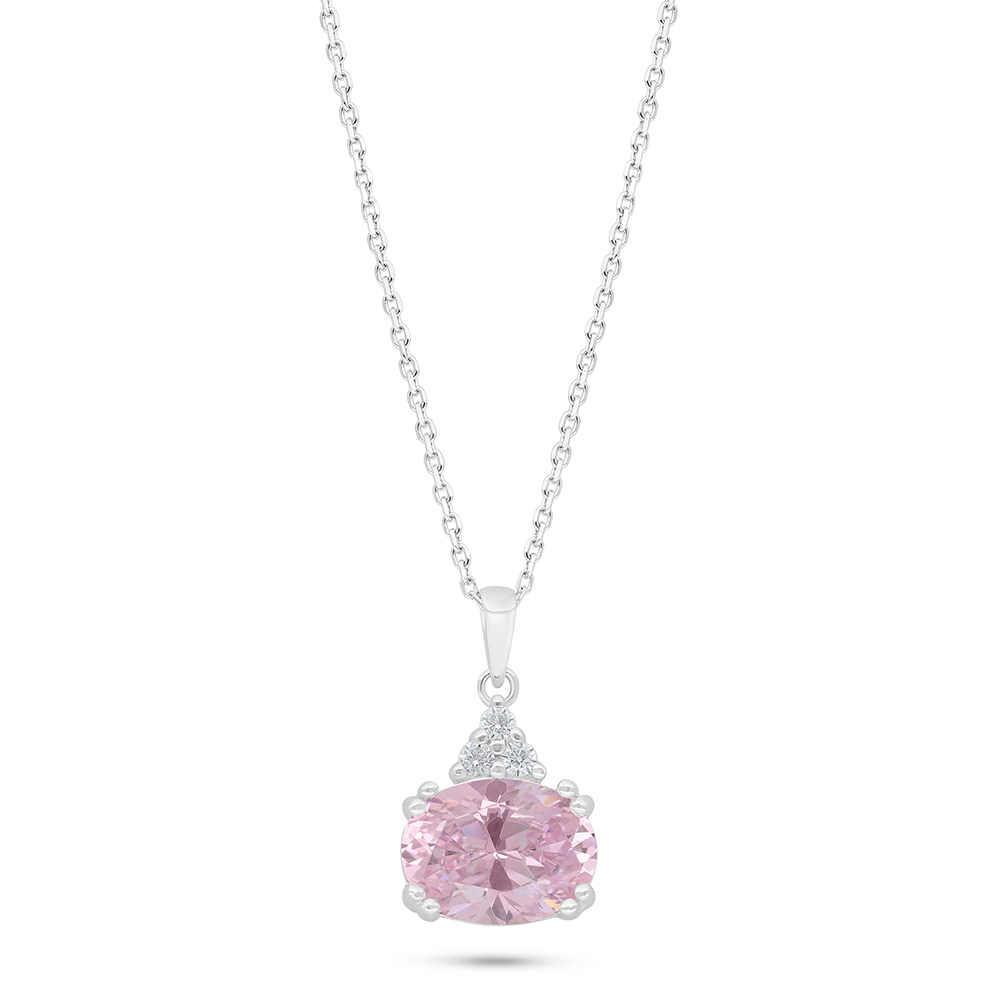 Sterling Silver 925 Necklace Rhodium Plated Embedded With Pink Zircon And White Zircon