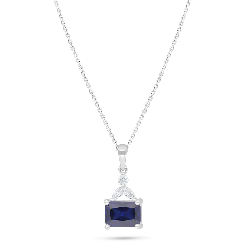 Sterling Silver 925 Necklace Rhodium Plated Embedded With Sapphire Corundum And White Zircon