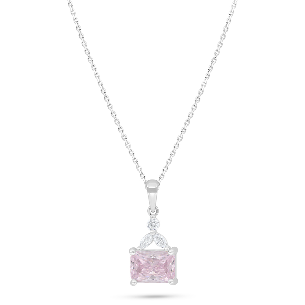 Sterling Silver 925 Necklace Rhodium Plated Embedded With Pink Zircon And White Zircon